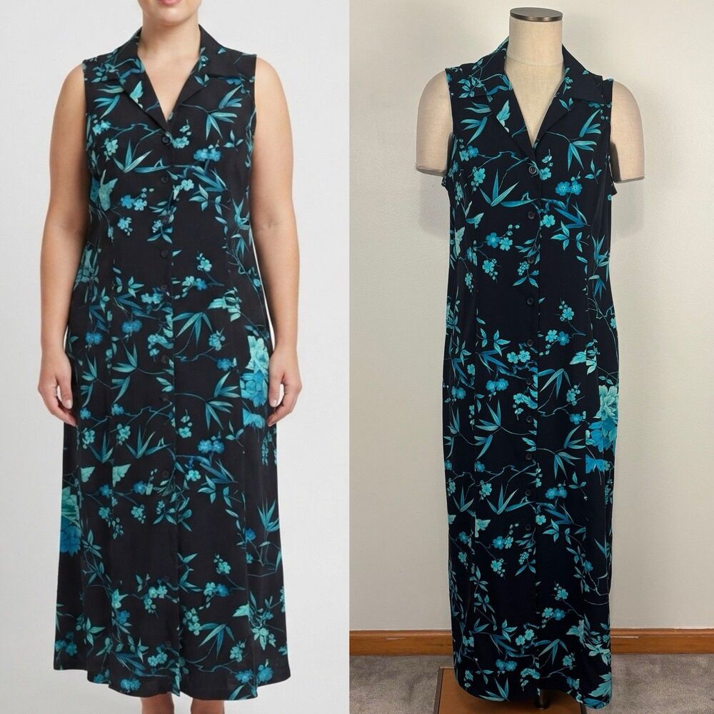 Studio I Womens 16 Maxi Dress Blue Floral Sleeveless Button Front Long Duster